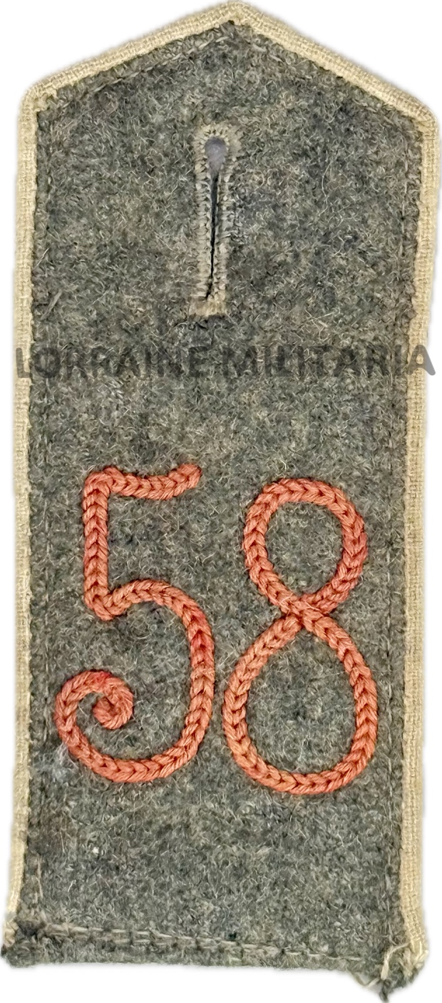 militaria : PATTE D'EPAULE MODELE 1915 DE BLUSE DU 58 IÈME REGIMENT D'INFANTERIE