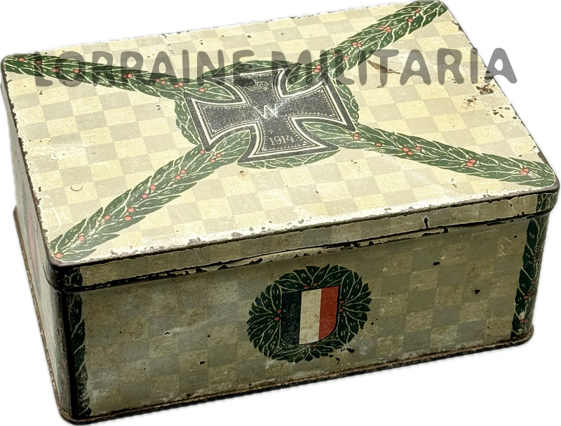 militaria : BOITE EN TOLE LITHOGRAPHIEE PATRIOTIQUE ALLEMANDE CROIX DE FER