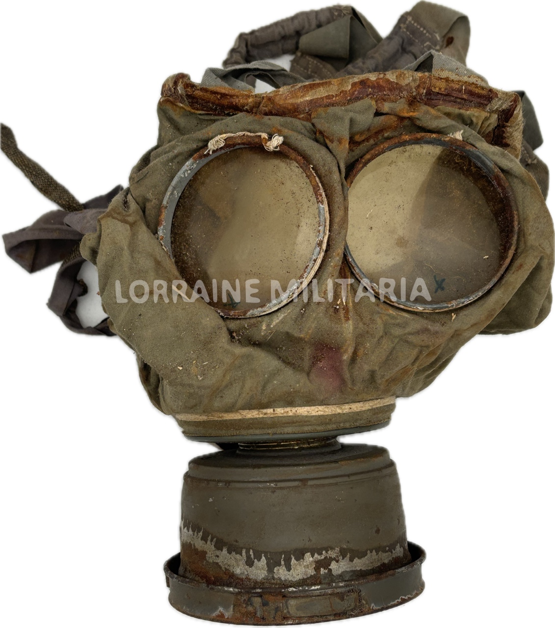 militaria : MASQUE A GAZ TOILE GUMMIMASK COMPLET AVEC SA BOITE 1917