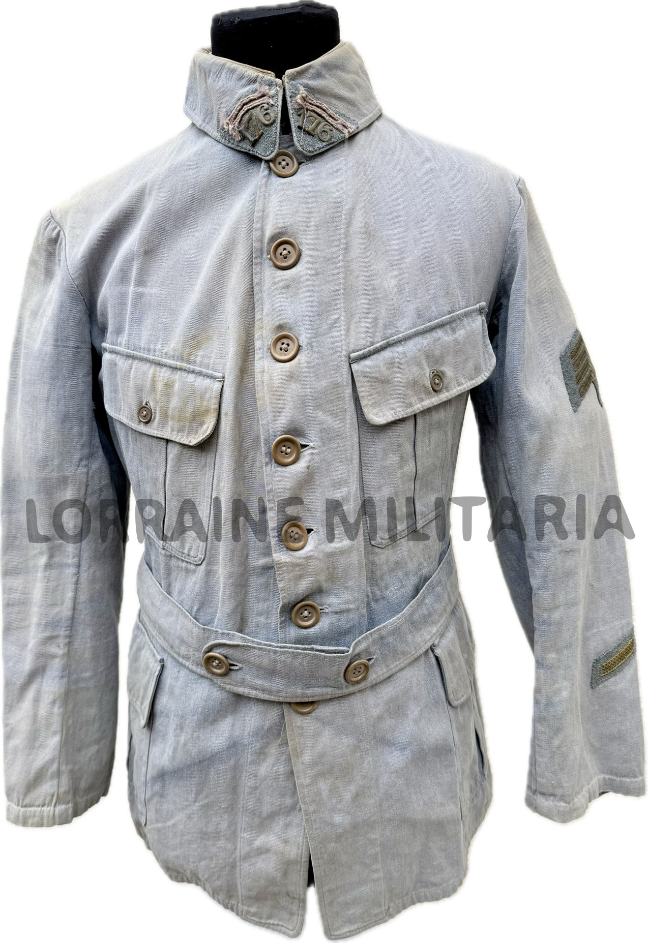 militaria : VESTE FRANÇAISE SERGENT DU 176 ÈME REGIMENT D'INFANTERIE TOILE BLEU HORIZON