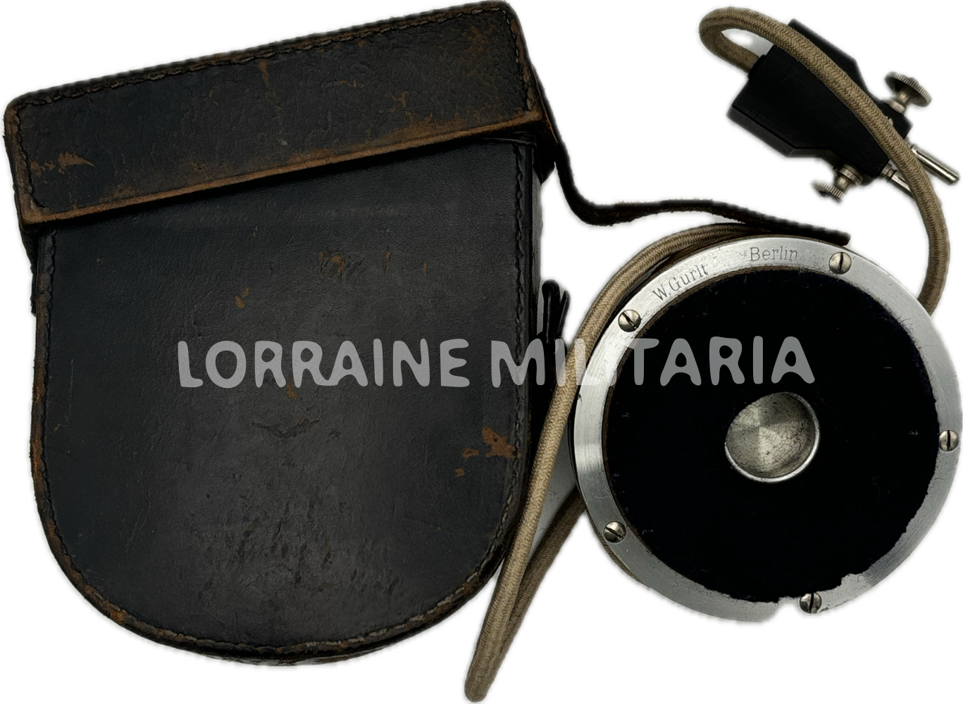 militaria : ECOUTEUR ANCIEN MODELE TELEPHONE AVEC ETUI DE TRANSPORT CUIR